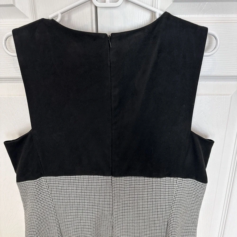 LAUREN RALPH LAUREN Black Suede Bodice Houndstooth Print Sleeveless Dress‎ Sz 16